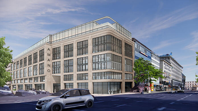 Mit abgerundeter Ecke an der Sonnenstraße 8/Schwanthalerstraße 2 - 6. Der Entwurf für ein neues Hotel fiel bei der Stadtgestaltungskommission durch.