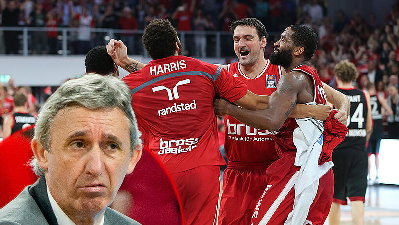 Während die Spieler von Bamberg feiern, müssen FCBB-Coach Svetislav Pešiæ und seine Team eine bittere Niederlage verdauen! Während die Spieler von Bamberg feiern, müssen FCBB-Coach Svetislav Pešiæ und seine Team eine bittere Niederlage verdauen!