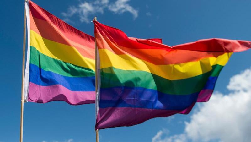Regenbogenfahnen wehen im Wind.