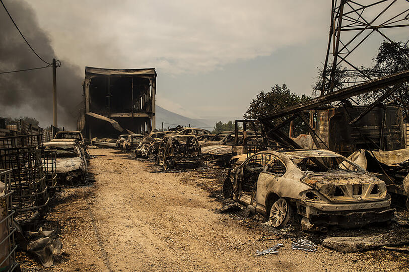 Afidnes: Ausgebrannte Autos stehen am Straßenrand während eines Waldbrands nördlich von Athen.  Seit den frühen Morgenstunden fachten starke Westwinde am Freitag die zahlreichen Feuer weiter an.