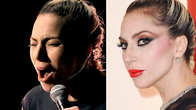 Lady Gaga vor (r.) und während der 95. Oscarverleihung.