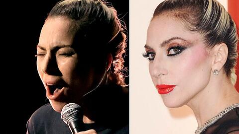 Lady Gaga vor (r.) und während der 95. Oscarverleihung.