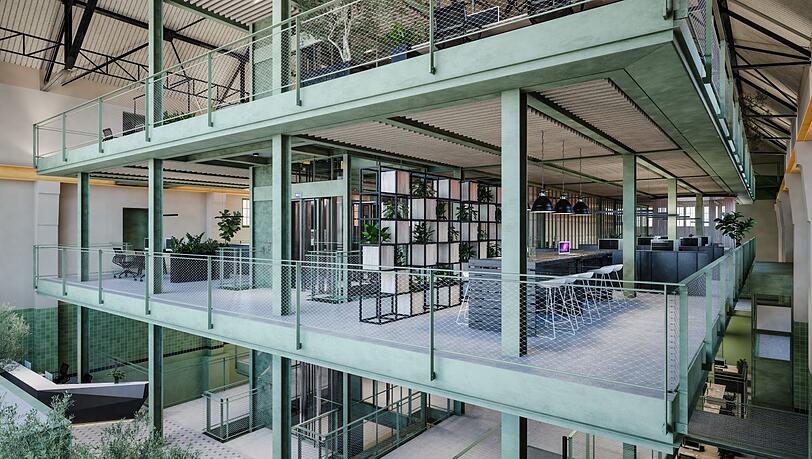In die ehemalige Kesselhalle sind neuen Decken eingezogen worden. Dort sind jetzt Fl&auml;chen f&uuml;r moderne B&uuml;ros.