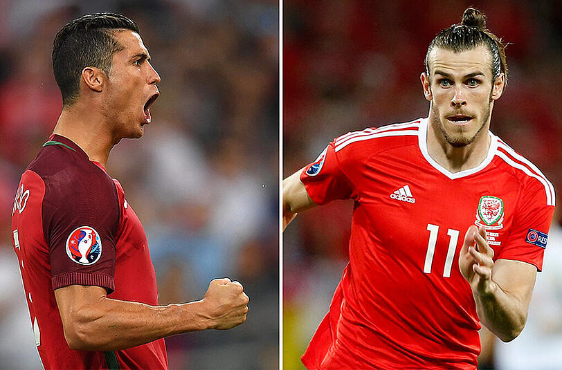 Das Halbfinal-Duell zwischen Portugal mit Cristiano Ronaldo (l) und Wales mit Gareth Bale wird im ARD übertragen.