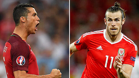 Das Halbfinal-Duell zwischen Portugal mit Cristiano Ronaldo (l) und Wales mit Gareth Bale wird im ARD übertragen.