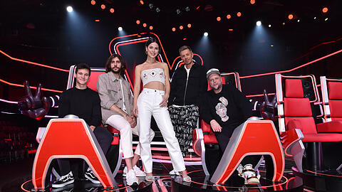 Die Juroren von "The Voice Kids": (v.l.n.r.) Wincent Weiss; Alvaro Soler; Lena Meyer-Landrut; Michi Beck; Smudo