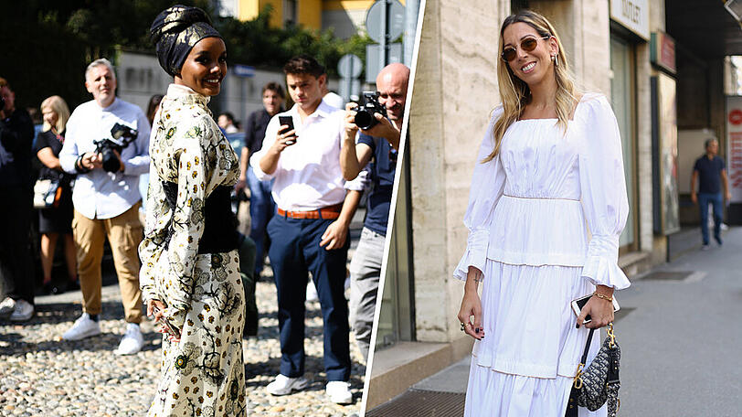 Model Halima Aden (l.) und Fashionista Lucia Araya interpretieren ihren Maxi-Look komplett unterschiedlich