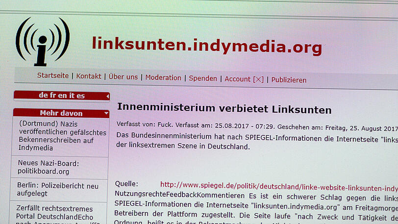 Die Aufnahme zeigt die Internetseite "linksunten.indymedia.org" am 25.08.2017