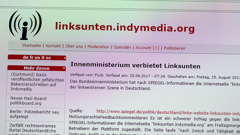Die Aufnahme zeigt die Internetseite "linksunten.indymedia.org" am 25.08.2017 Die Aufnahme zeigt die Internetseite "linksunten.indymedia.org" am 25.08.2017