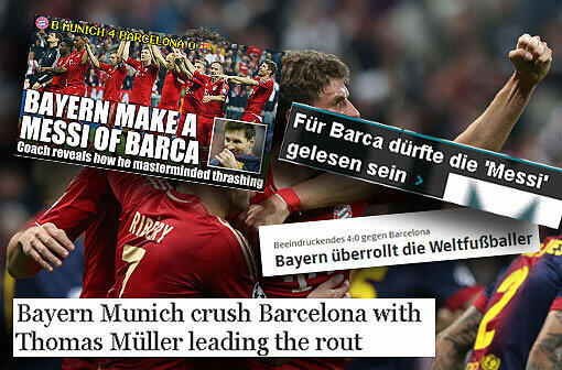 "Bayern a Messi out of Barcelona": Lesen Sie hier die Pressestimmen zum Kracherspiel des FC Bayern gegen Barcelona...