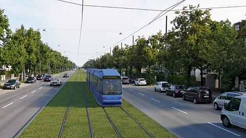 Die Tram Westtangente, hier Visualisierungen von der Fürstenrieder Straße, bekommt von Anwohnern viel Gegenwind.