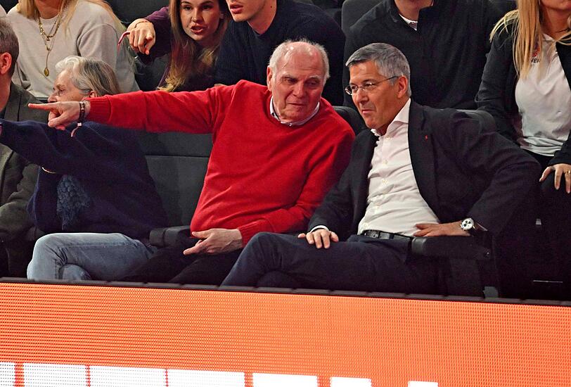 "Wir schauen genau hin": Bayerns Ehrenpr&auml;sident und Aufsichtsrat Uli Hoene&szlig; (l.) mit Pr&auml;sident Herbert Hainer (r.) im SAP Garden.