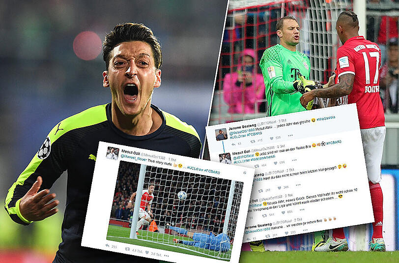 Gute Laune bei den Weltmeistern: Auf Twitter wird schon vor dem Spiel der Bayern gegen Arsenal gestichelt - natürlich alles nur aus Spaß.