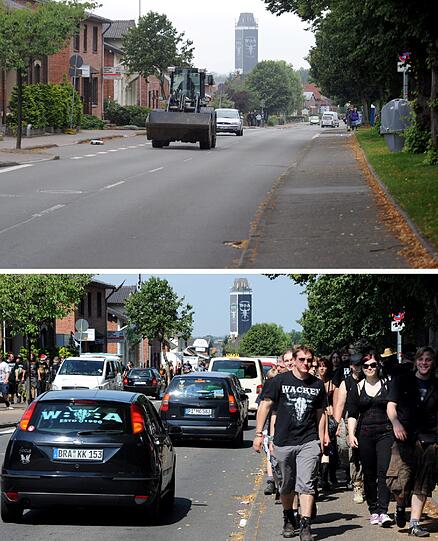 Die Straßen sind überfüllt mit anreisenden Metal-Fans. Oben: So sah die Hauptstraße in Wacken am Montag aus. Unten: Heute müssen die Festivalbesucher im Stau stehen.