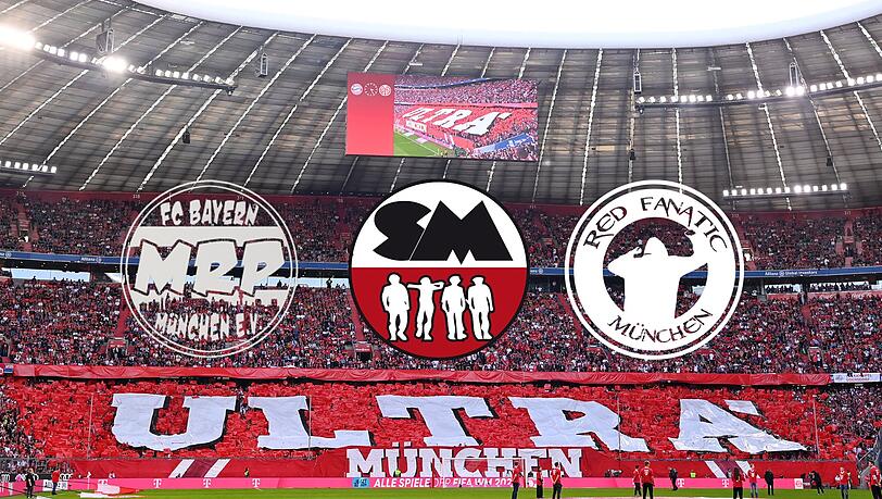 Die bekanntesten Ultragruppierungen des FC Bayern: Munich´s Red Pride, Schickeria München und Red Fanatic München.