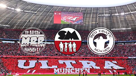 Die bekanntesten Ultragruppierungen des FC Bayern: Munich´s Red Pride, Schickeria München und Red Fanatic München.