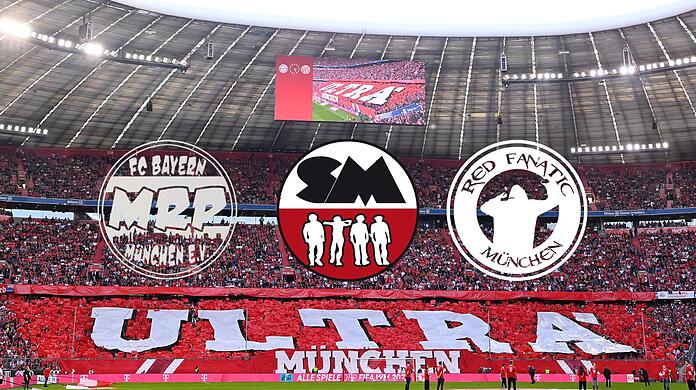 Die bekanntesten Ultragruppierungen des FC Bayern: Munich´s Red Pride, Schickeria München und Red Fanatic München.