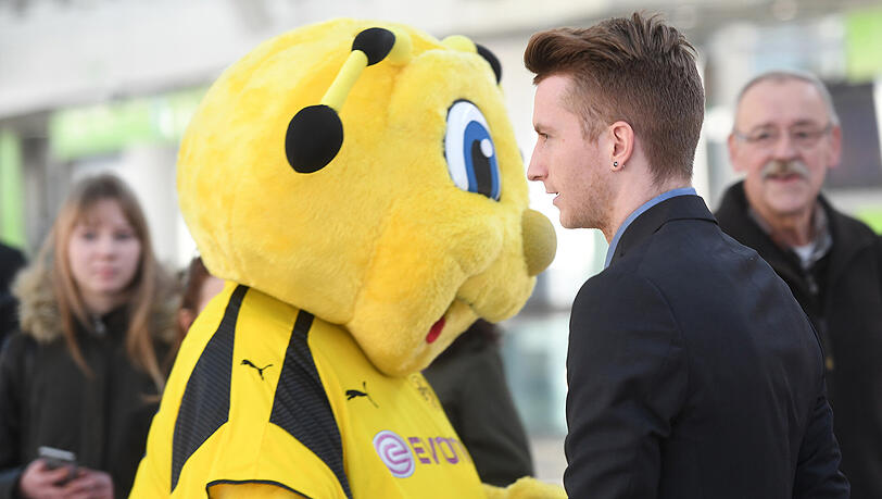Mit den besten Wünschen von BVB-Maskottchen "Emma" geht's für Marco Reus und den restlichen Tross von Borussia Dortmund zum Achtelfinal-Hinspiel der Champions League nach Lissabon. Mit den besten Wünschen von BVB-Maskottchen "Emma" geht's für Marco Reus und den restlichen Tross von Borussia Dortmund zum Achtelfinal-Hinspiel der Champions League nach Lissabon.