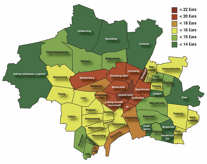 So teuer ist es, in den verschiedenen Stadtvierteln eine Wohnung zu mieten. Farblich dargestellt sind Preise pro Quadratmeter.