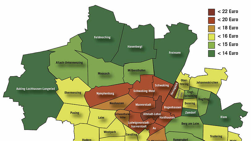 So teuer ist es, in den verschiedenen Stadtvierteln eine Wohnung zu mieten. Farblich dargestellt sind Preise pro Quadratmeter. So teuer ist es, in den verschiedenen Stadtvierteln eine Wohnung zu mieten. Farblich dargestellt sind Preise pro Quadratmeter.
