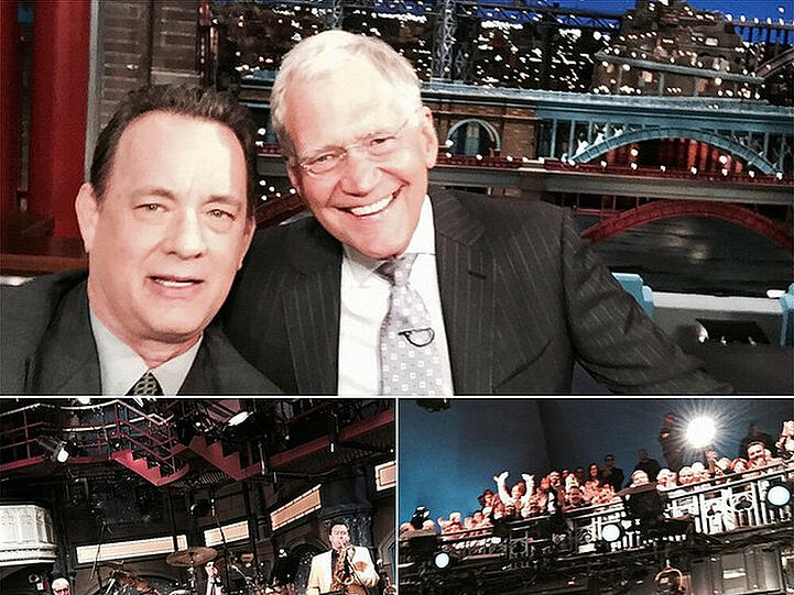 Aufgenommen mit der Selfie-Stick-Kamera: Tom Hanks (l.) und Talkshow-Gastgeber David Letterman