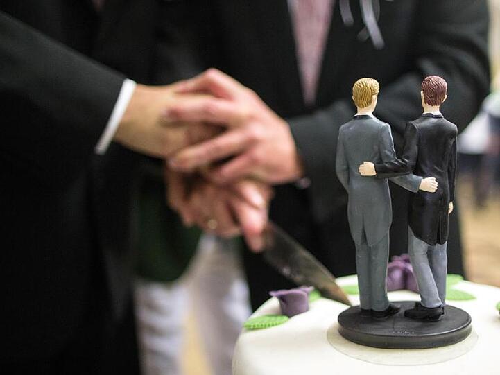 Zwei Männer schneiden nach ihrer Eheschließung im Rathaus eine Hochzeitstorte an. Foto: Ina Fassbender/Archivbild