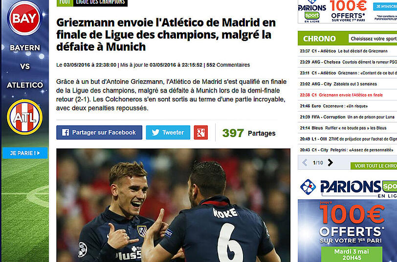L'Equipe (Frankreich: Griezmann schickt Atletico ins Finale. Eine unglaubliche Partie mit zwei vergebenen Elfmetern.
