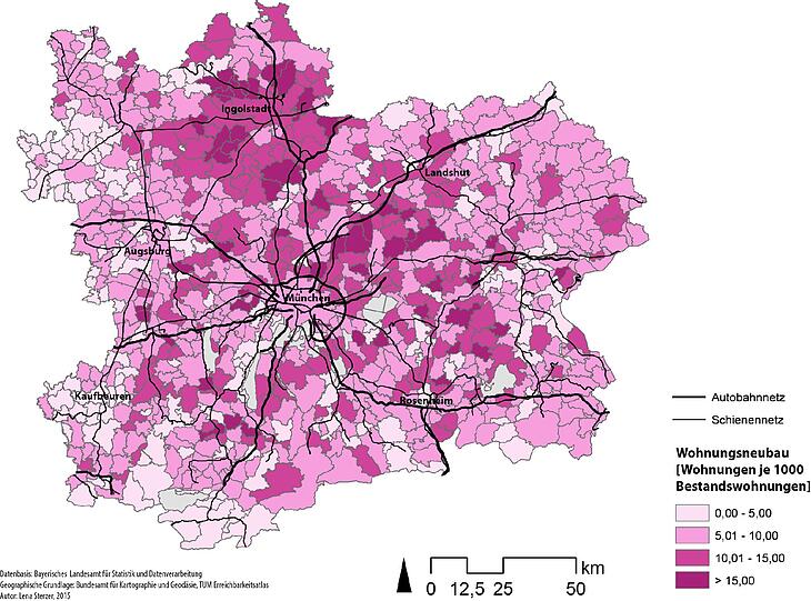 Hier wird gebaut: Diese Karte zeigt, in welchen Regionen viel gebaut wird. Je dunkler, desto mehr Wohnungsbau im Verhältnis zum Bestand.