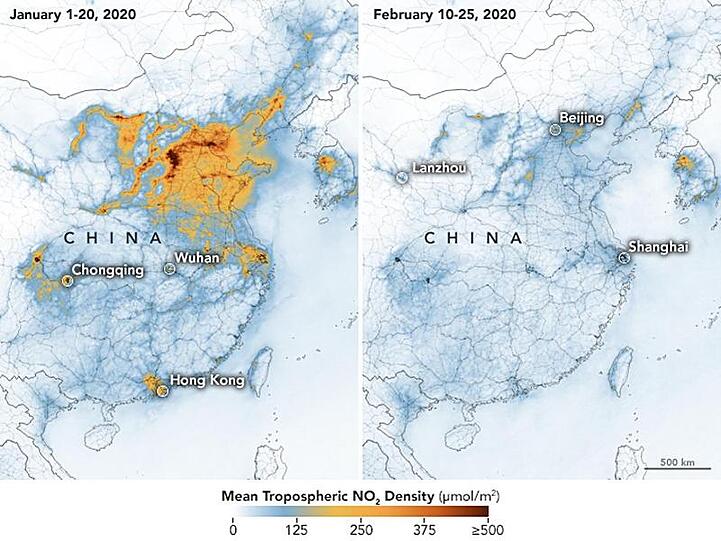 Die Karten zeigen die Konzentrationen von Stickstoffdioxid (NO2) in ganz China vom 1. bis 20. Januar 2020 (vor der Quarantäne wegen des Coronavirus) und vom 10. bis 25. Februar (während der Quarantäne).