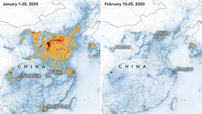 Die Karten zeigen die Konzentrationen von Stickstoffdioxid (NO2) in ganz China vom 1. bis 20. Januar 2020 (vor der Quarantäne wegen des Coronavirus) und vom 10. bis 25. Februar (während der Quarantäne). Die Karten zeigen die Konzentrationen von Stickstoffdioxid (NO2) in ganz China vom 1. bis 20. Januar 2020 (vor der Quarantäne wegen des Coronavirus) und vom 10. bis 25. Februar (während der Quarantäne).