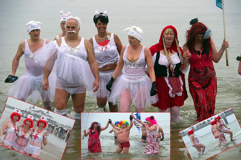 twa 190 Eisbader aus ganz Deutschland, Polen und der Schweiz haben sich am Samstag zum 19. Usedomer Winterbadespektakel an der Ahlbecker Seebrücke in die ein Grad kalte Ostsee geworfen. Die Bilder!