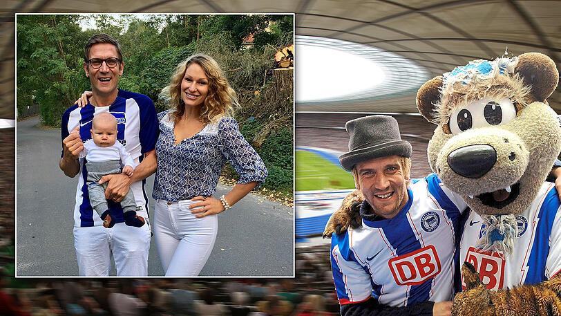 Im Hertha-Dress: Peer Kusmagk mit Sohn Emil Ocean und Partnerin Janni Hönscheid.