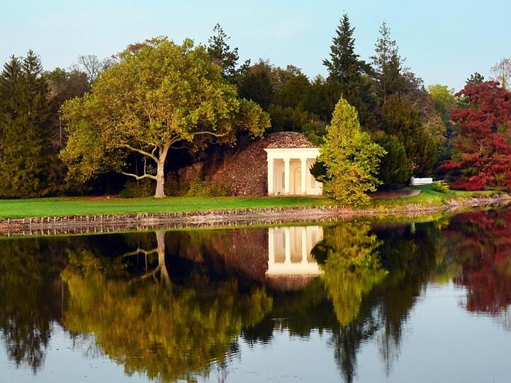 Goldener Oktober: Herbstlich gefärbte Bäume und das Nymphaeum spiegeln sich im See im Wörlitzer Park.