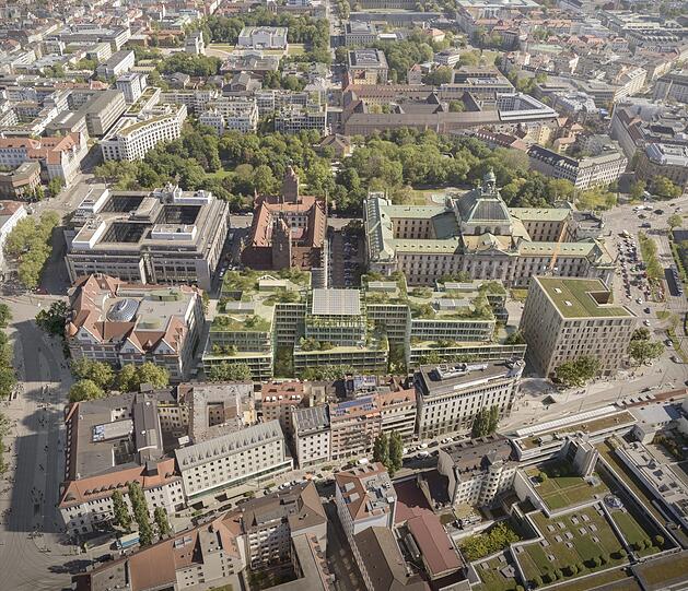 Links das historische Warenhaus vor dem Hauptbahnhof (nicht im Bild), ganz rechts das Hotel Königshof am Stachus. Dazwischen kommt der Neubau mit den vielen Dachterrassen,