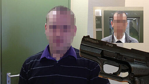 Mit einer Gaspistole soll Wachmann Steve H. (26, groß) dem Patienten Ferdinand H. (42, klein) vor einer Arztpraxis ins Gesicht geschossen haben. Mit einer Gaspistole soll Wachmann Steve H. (26, groß) dem Patienten Ferdinand H. (42, klein) vor einer Arztpraxis ins Gesicht geschossen haben.