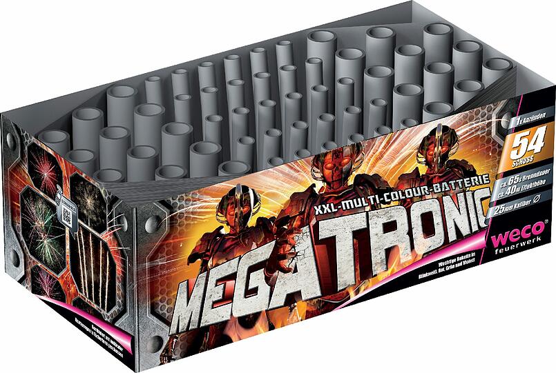 Ein bunter Fächer in der Nacht: Die Batterie &bdquo;Megatronic&ldquo; (Weco): Die 54-Schuss-Multi-Colour-Fächer-Batterie ist ein &bdquo;ordentliches Teil&ldquo; &ndash; und bietet himmelfüllende Unterhaltung: Durch die gewinkelten Rohre fliegen die Bomben wie ein Fächer in die Nacht.