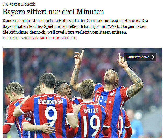 "Bayern zittert nur drei Minuten", weiß die FAZ. Dann gab's den Platzverweis für Donezks Kucher und den Elfmetertreffer durch Thomas Müller.