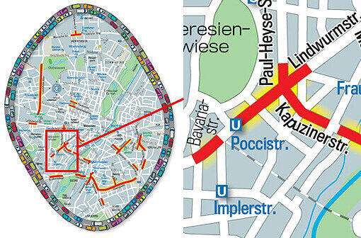 Nervtötender Lärm: die rot markierten Gebiete sind besonders laut - und bewohnt. Links das Stadtgebiet im Überblick, rechts die jeweiligen Brennpunkte.