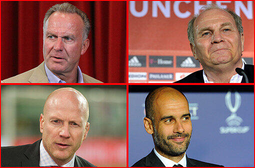 Die vier wichtigsten Köpfe beim FC Bayern: Vorstandsboss Karl-Heinz Rummenigge (links oben), Präsident Uli Hoeneß (rechts oben), Sportvorstand Matthias Sammer (links unten) und Cheftrainer Pep Guardiola (rechts unten).