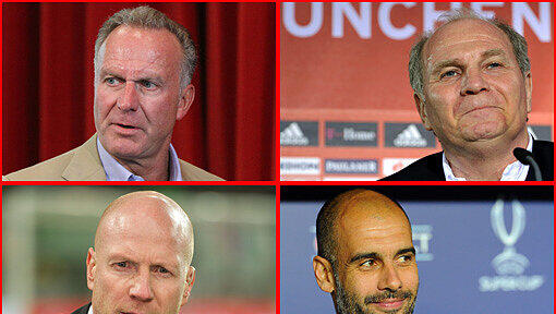 Die vier wichtigsten Köpfe beim FC Bayern: Vorstandsboss Karl-Heinz Rummenigge (links oben), Präsident Uli Hoeneß (rechts oben), Sportvorstand Matthias Sammer (links unten) und Cheftrainer Pep Guardiola (rechts unten). Die vier wichtigsten Köpfe beim FC Bayern: Vorstandsboss Karl-Heinz Rummenigge (links oben), Präsident Uli Hoeneß (rechts oben), Sportvorstand Matthias Sammer (links unten) und Cheftrainer Pep Guardiola (rechts unten).