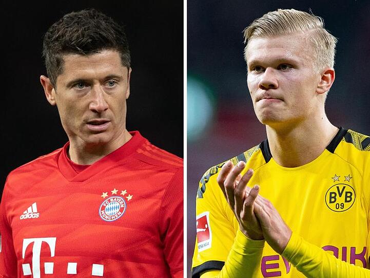 Bayern Münchens Robert Lewandowski (l) und Erling Haaland von Borussia Dortmund treffen am Dienstag aufeinander.