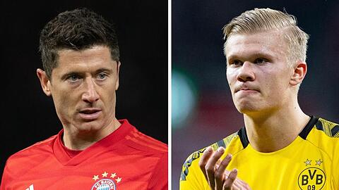 Bayern Münchens Robert Lewandowski (l) und Erling Haaland von Borussia Dortmund treffen am Dienstag aufeinander.