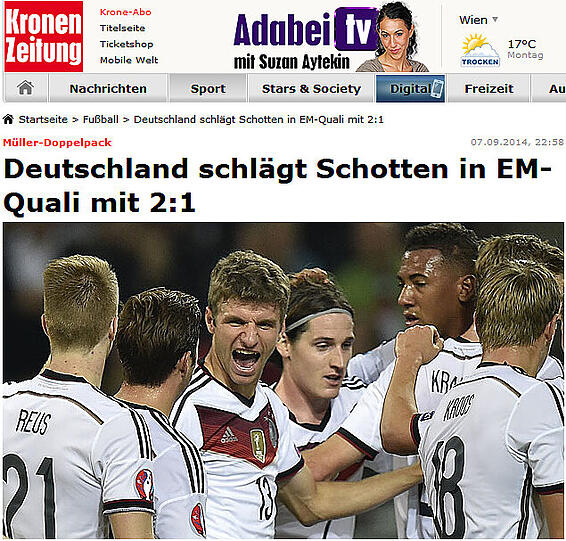 "Deutschland schlägt Schotten in EM-Quali mit 2:1", krone.at (Österreich)