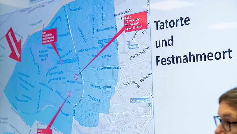 Ein Karte des Nürnberger Stadtteils St. Johannis mit den Markierungen der Tatorte und des Festnahmeorts des Verdächtigen. Führt seine blutige Spur auch nach München? Ein Karte des Nürnberger Stadtteils St. Johannis mit den Markierungen der Tatorte und des Festnahmeorts des Verdächtigen. Führt seine blutige Spur auch nach München?