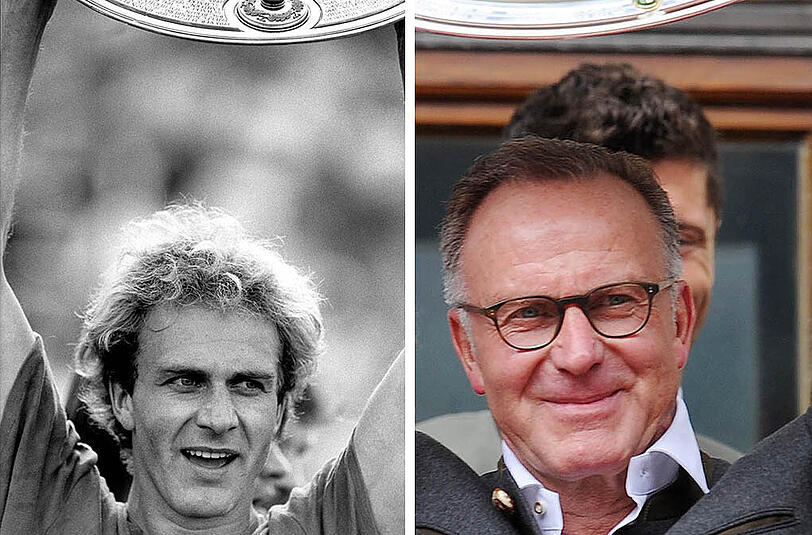 Karl-Heinz Rummenigge: 1981 als Bayern-Profi mit der Schale und 2015 als Bayern-Vorstandsboss mit der Schale.