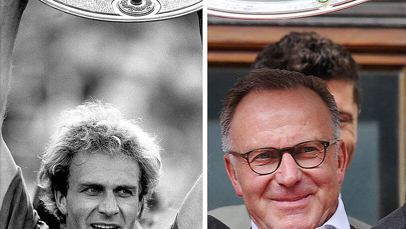 Karl-Heinz Rummenigge: 1981 als Bayern-Profi mit der Schale und 2015 als Bayern-Vorstandsboss mit der Schale. Karl-Heinz Rummenigge: 1981 als Bayern-Profi mit der Schale und 2015 als Bayern-Vorstandsboss mit der Schale.