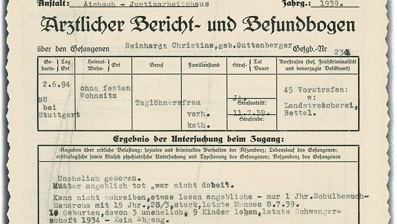 Bei der Aufnahme ins Gefängnis wurden die Frauen untersucht und nach ihrer Arbeitsfähigkeit eingeordnet. Hier der Bogen von Christine Reinhardt, einer "Landstreicherin". Sie starb auch in Auschwitz. Bei der Aufnahme ins Gefängnis wurden die Frauen untersucht und nach ihrer Arbeitsfähigkeit eingeordnet. Hier der Bogen von Christine Reinhardt, einer "Landstreicherin". Sie starb auch in Auschwitz.