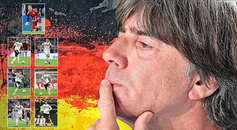 Bundestrainer Joachim Löw (r.) und seine Bayern-Stars (von oben): Manuel Neuer, Jérôme Boateng, Mats Hummels, Niklas Süle, Joshua Kimmich, Leon Goretzka und Thomas Müller.