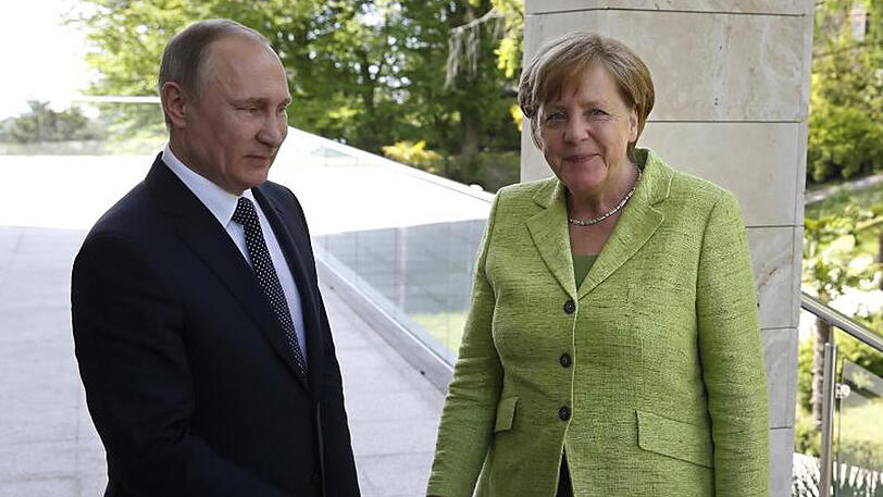 Verhalten freundlich: Der russische Präsident Wladimir Putin begrüßt Bundeskanzlerin Angela Merkel in seiner Residenz in Sotschi.