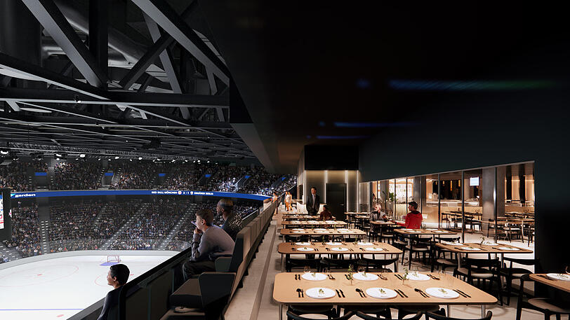 Wie in der NHL oder in Schweden: Im modernen Ansatz der Arena ist ein Restaurant mit Blick aufs Spielfeld inbegriffen.